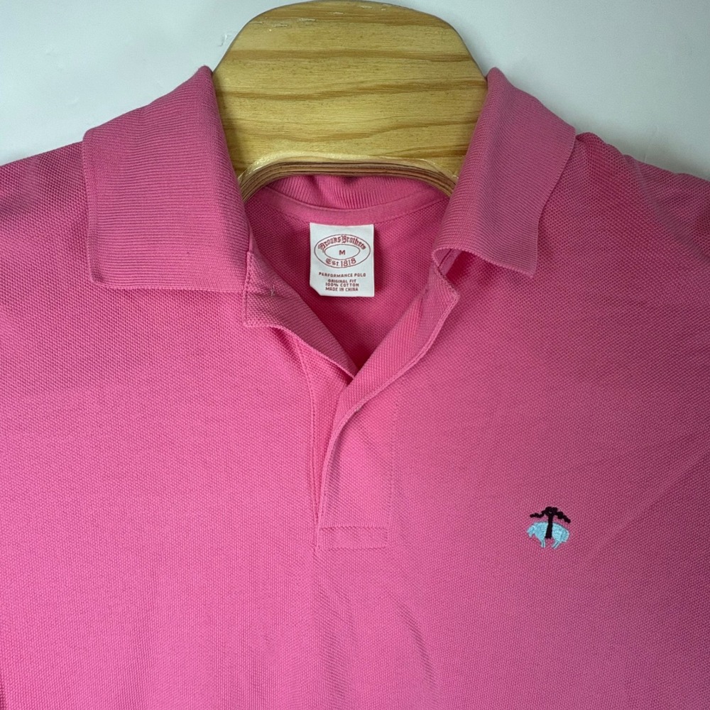 Brooks Brothers Men's Pink Shirt Sleeve Teal Logo 100% Cotton Sz Med Golf Polo